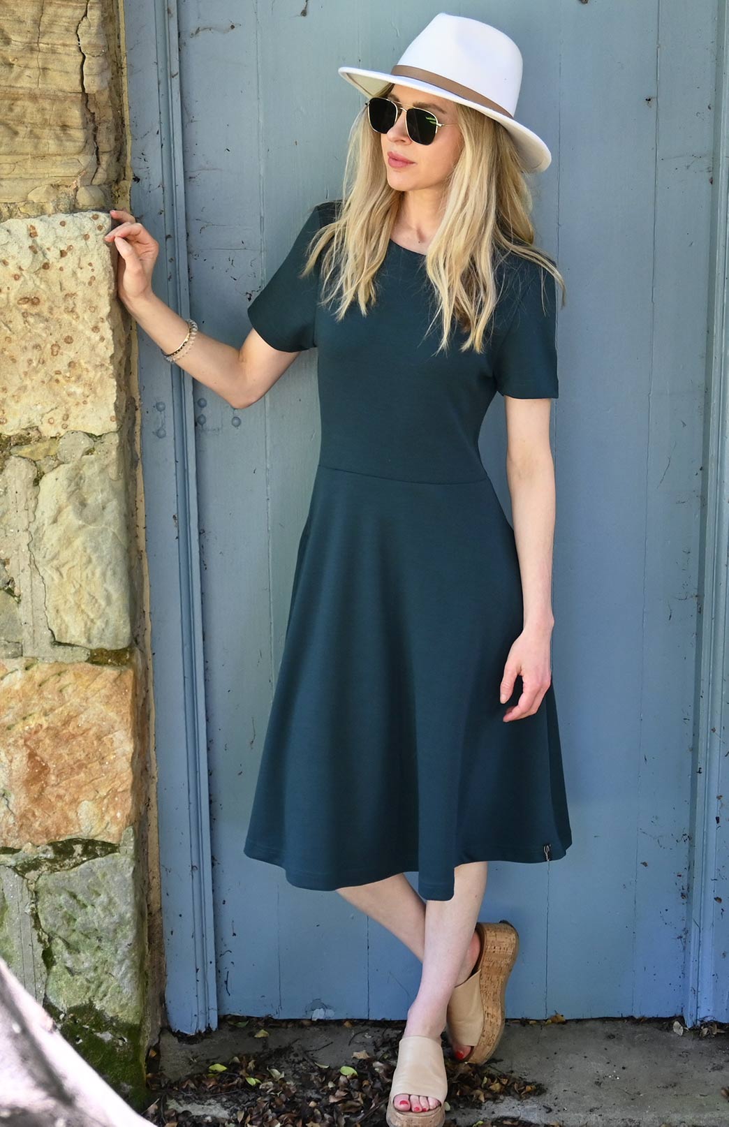 Deep Sea Green Women's Merino Wool Short Sleeve Trans-seasonal Dress