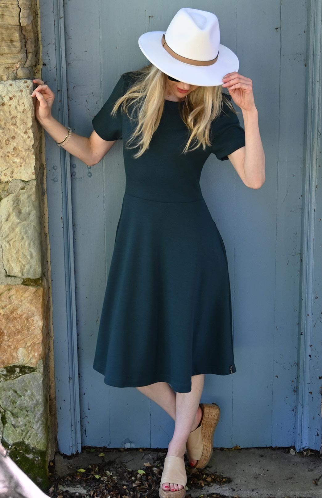 Deep Sea Green Women's Merino Wool Short Sleeve Trans-seasonal Dress