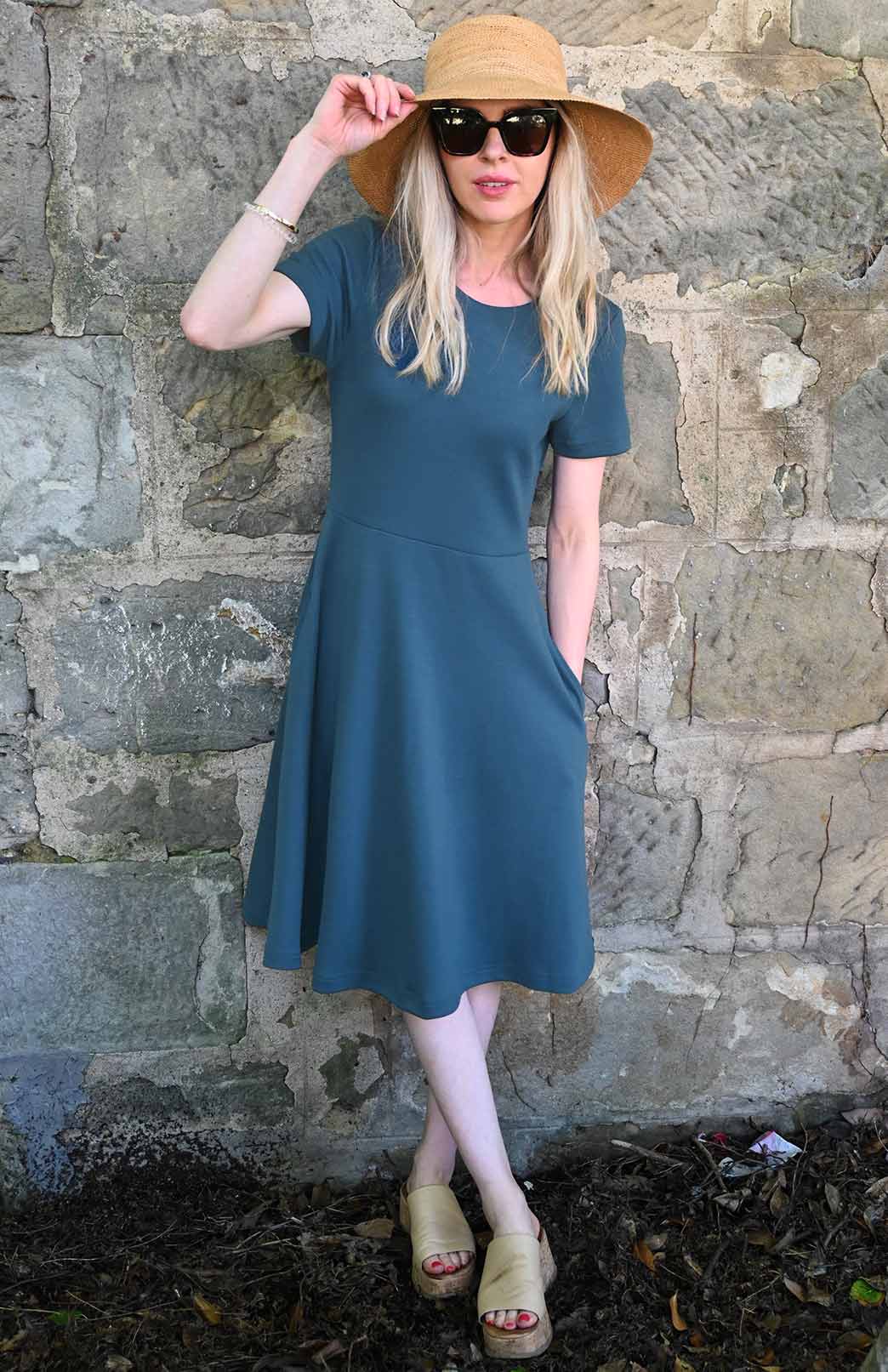 Storm Teal Women's Merino Wool Short Sleeve Trans-seasonal Dress