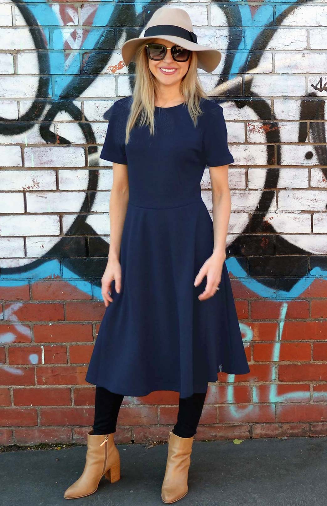 Navy Blue Women's Merino Wool Short Sleeve Trans-seasonal Dress