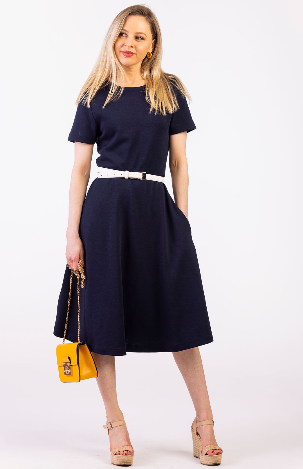 Navy Blue Women's Merino Wool Short Sleeve Trans-seasonal Dress