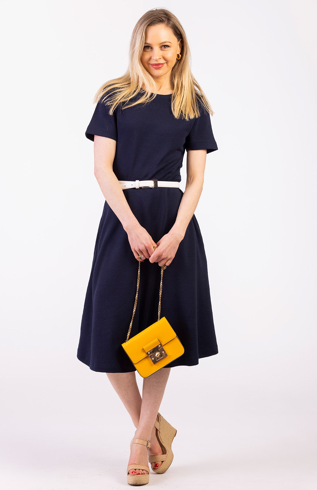 Navy Blue Women&#39;s Merino Wool Short Sleeve Trans-seasonal Dress
