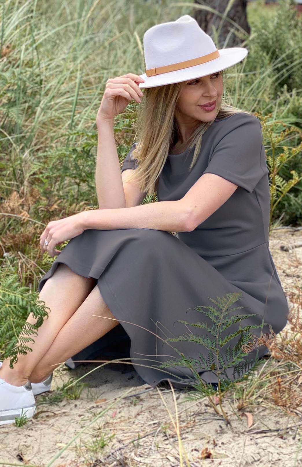 Steel Grey Women's Merino Wool Short Sleeve Trans-seasonal Dress