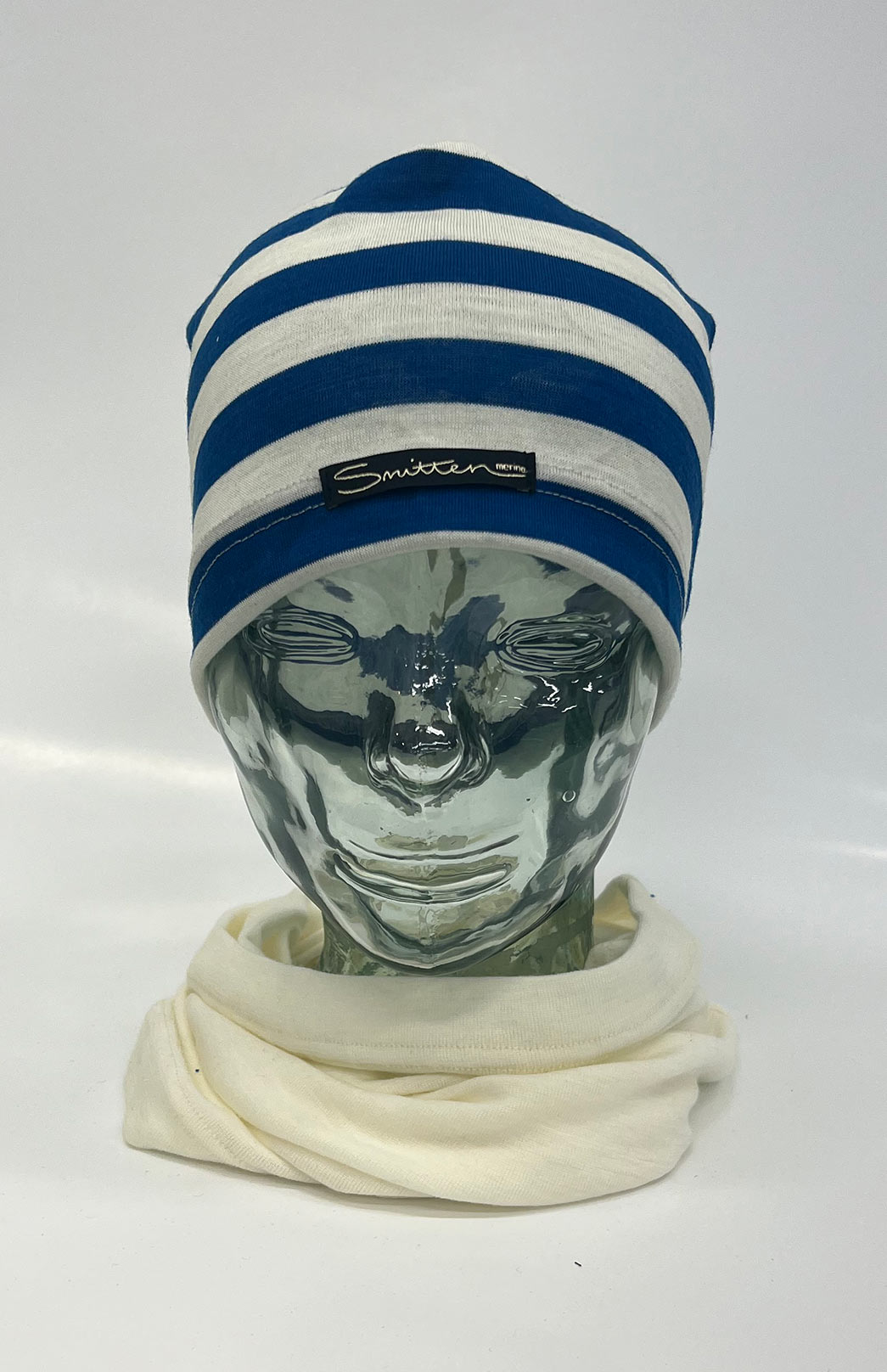Blue & Ivory Stripe Unisex Merino Wool Thermal Beanie