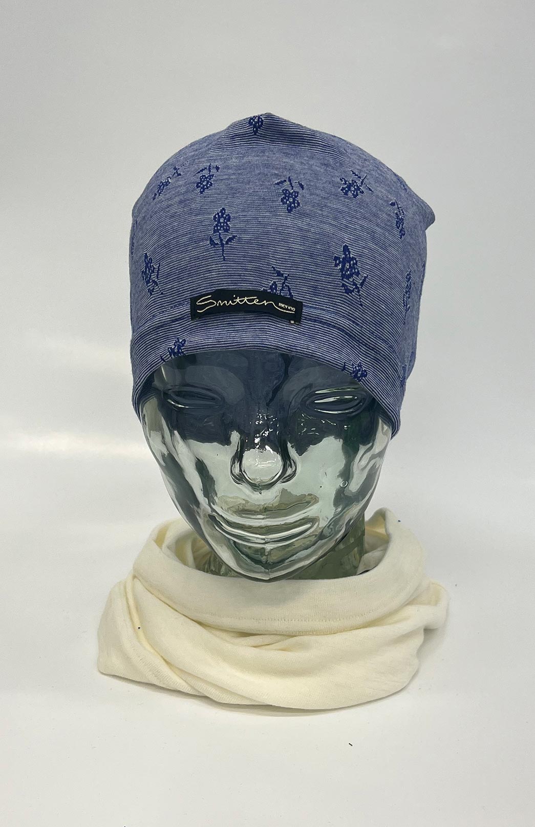 Blue Floral Pinstripe Unisex Merino Wool Thermal Beanie