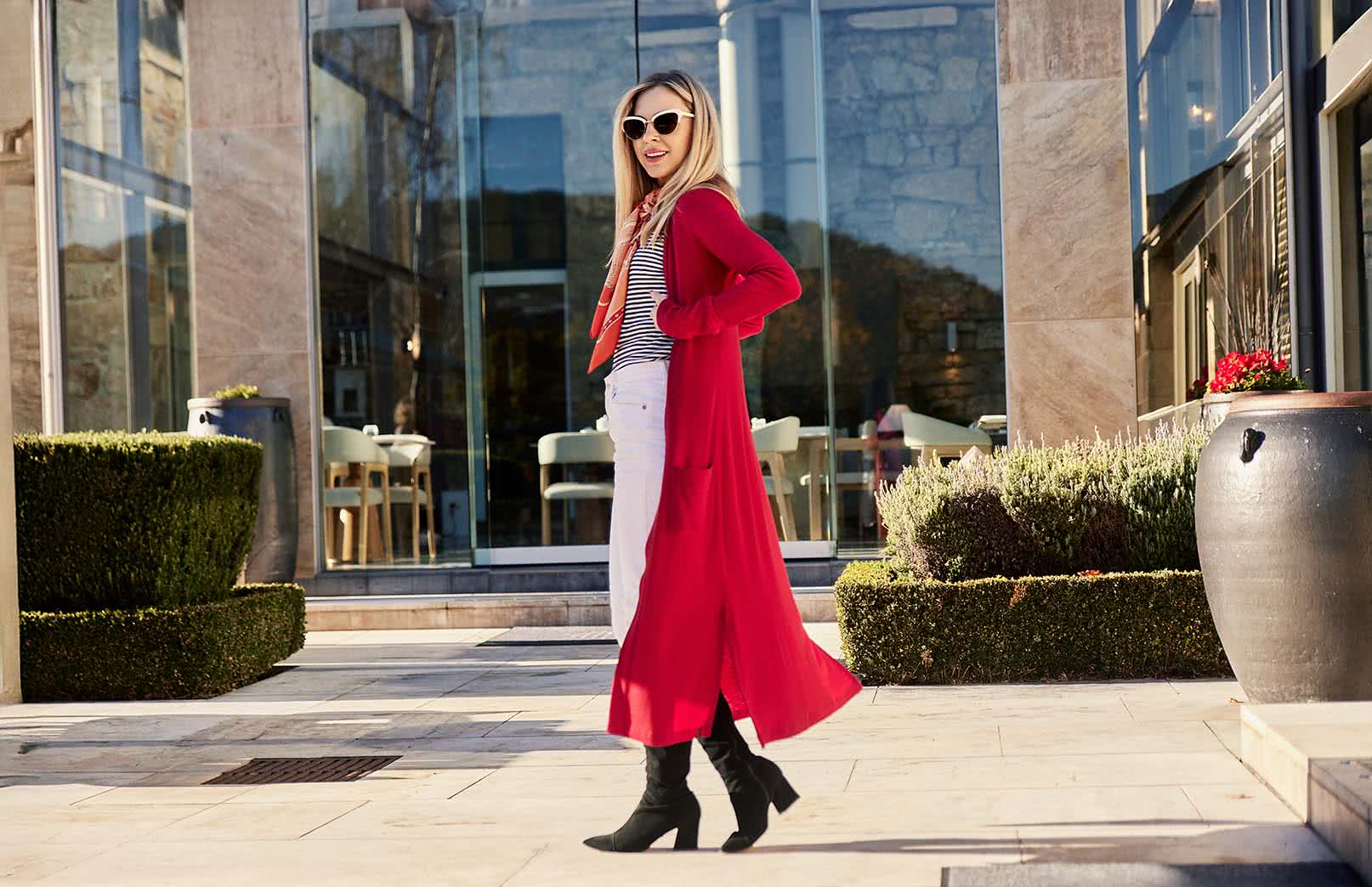 Our model wearing red coatigan