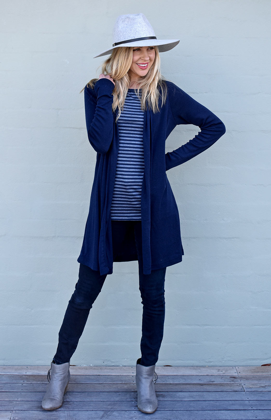 French Navy Blue Women's Merino Wool Drape Cardigan