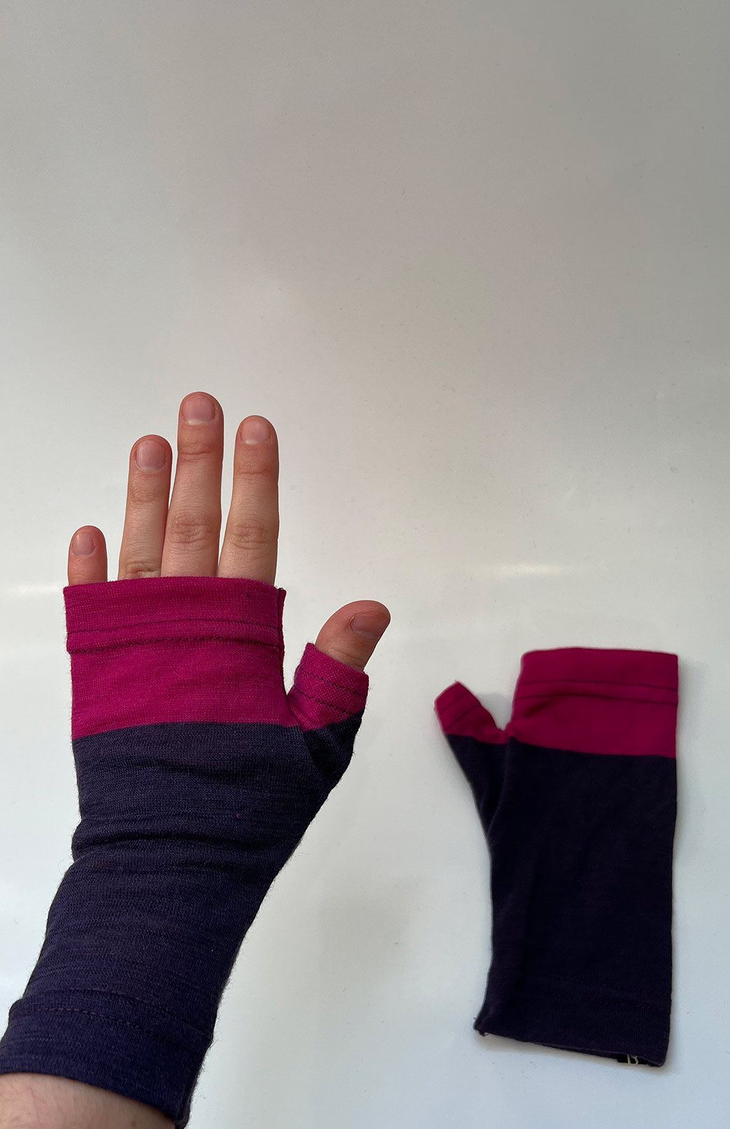 Grape Purple Multi Stripe Merino Wool Thermal Fingerless Mittens