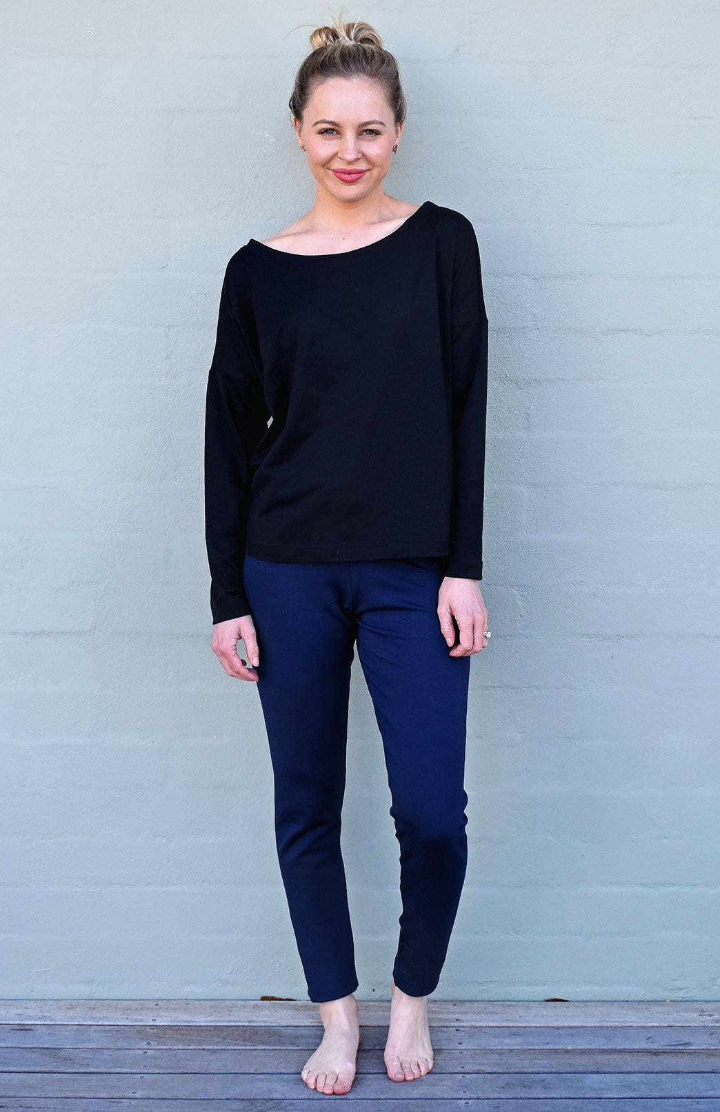 French Navy Blue Women's Merino Wool 270gsm Fleece High Waisted Thermal Winter Leggings or Yoga Clothing