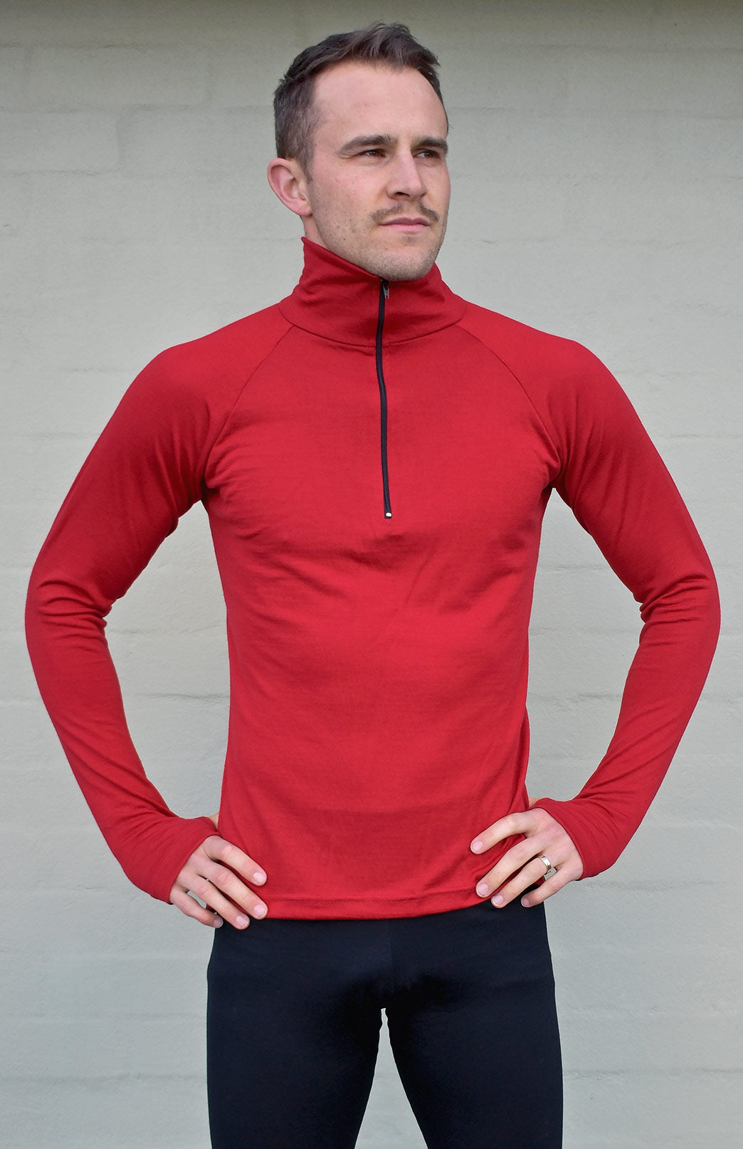 Chilli Red Men's Merino Wool Zip Neck Top