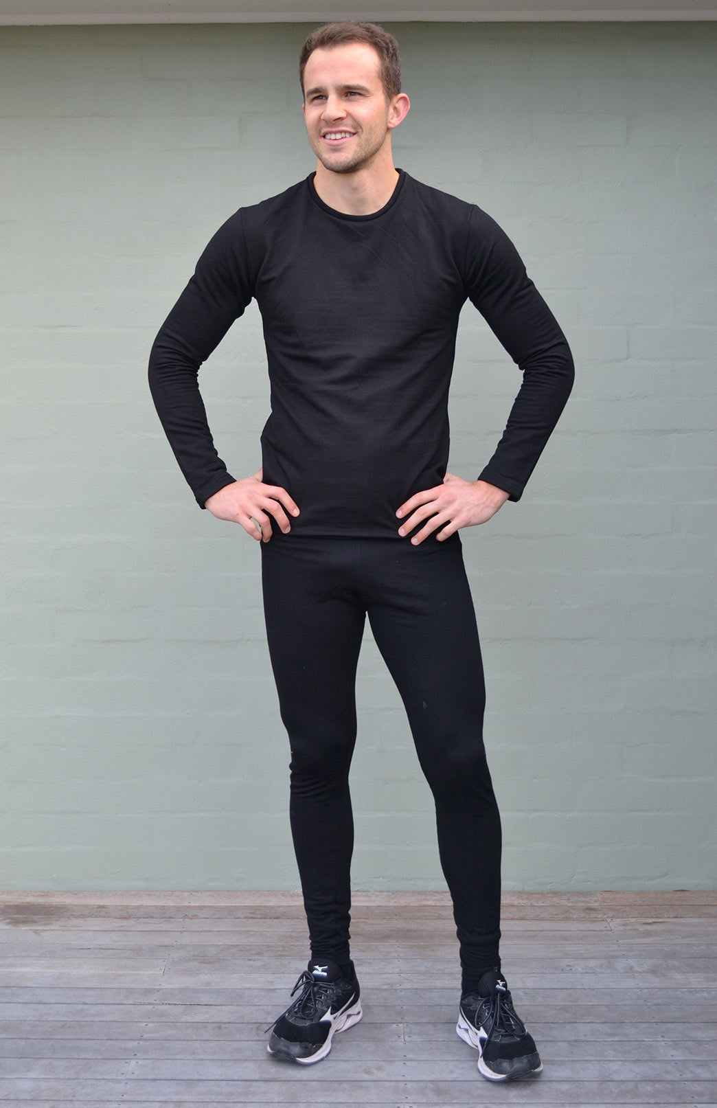 Black Men's Merino Wool 270gsm Fleece Elastic Waist Thermal Winter Leggings &amp; Yoga Pants 