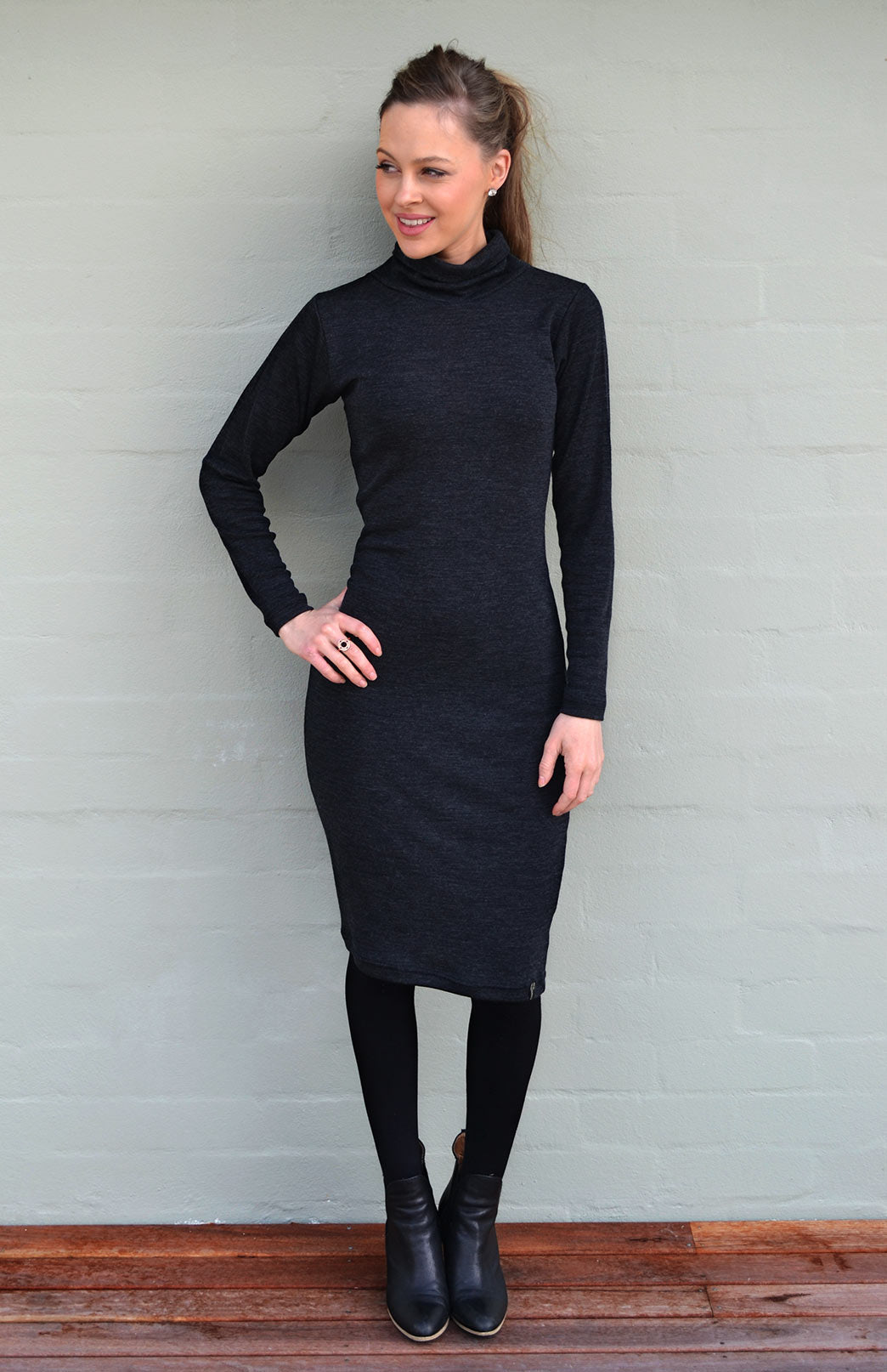 Charcoal Marl Women&#39;s Merino Wool Long Sleeve Polo Neck Dress
