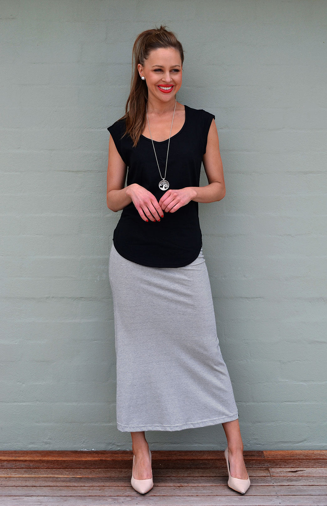 Fine Black and White Stripe Women&#39;s Organic Cotton Maxi Skirt
