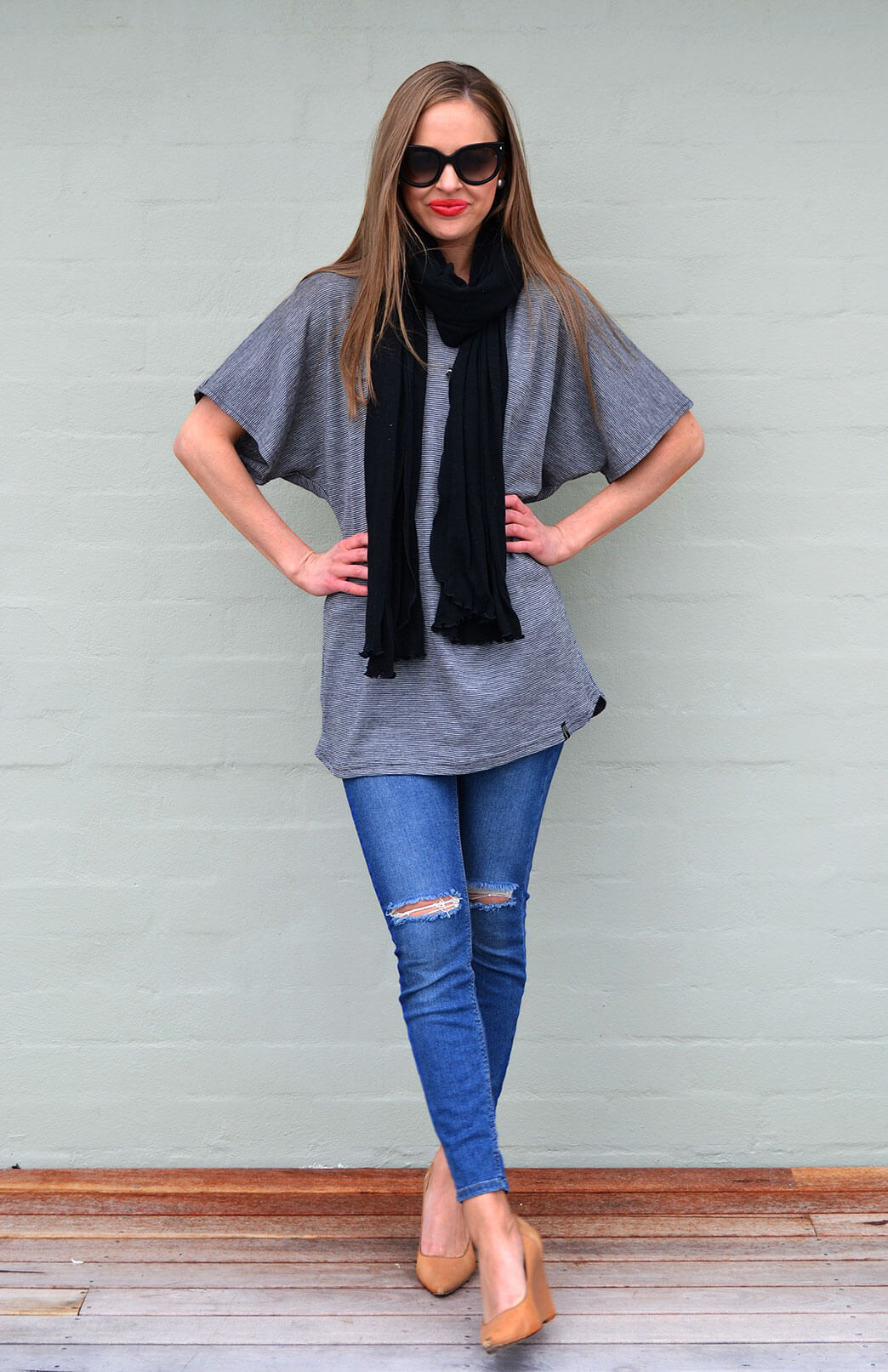 Grey Pinstripe Women's Merino Wool Loose-Fit Tunic