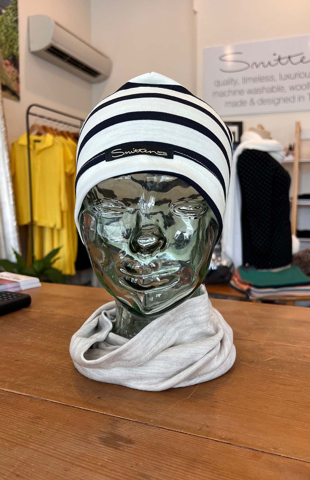 Navy Blue & Cream French Stripe Unisex Merino Wool Thermal Beanie