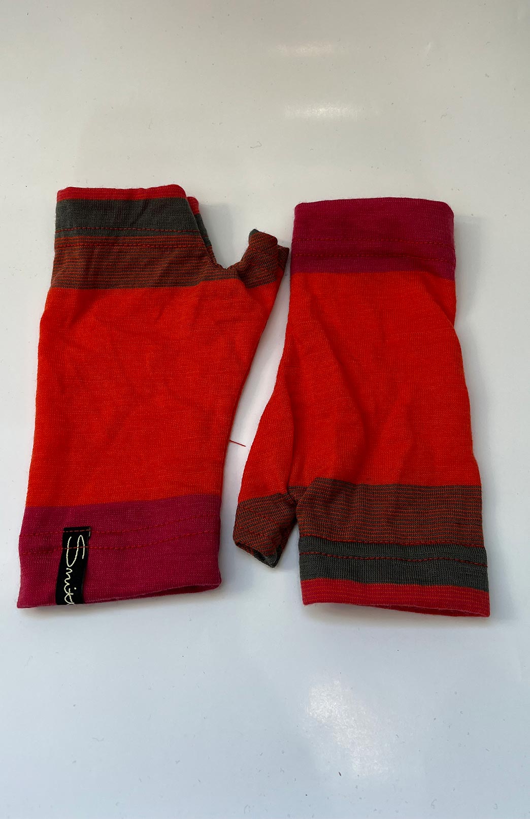 Orange Multi Stripe Merino Wool Thermal Fingerless Mittens