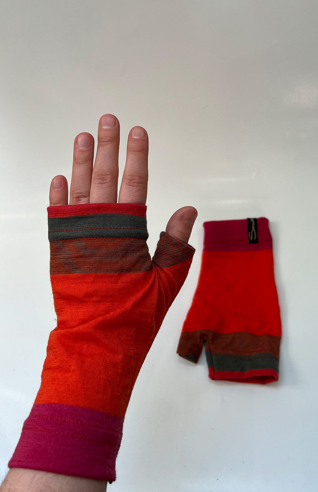 Orange Multi Stripe  Merino Wool Thermal Fingerless Mittens