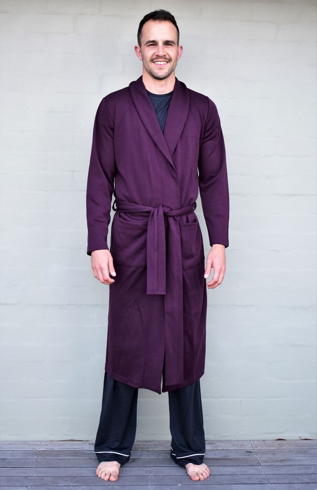Aubergine Purple Superfine Merino Wool Dressing Gown

