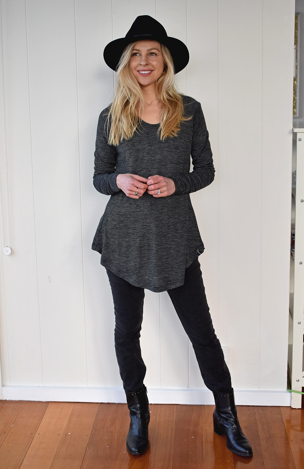 Black Pinstripe Women's Merino Wool Long Sleeve Top with Raglan Sleeves