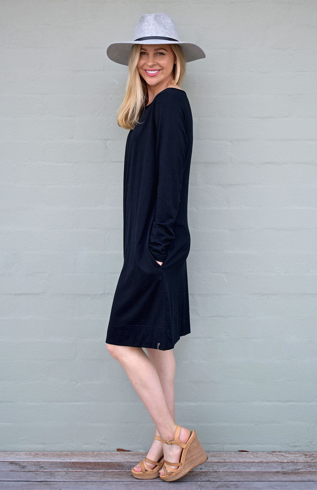 Black Classic Merino Wool Shift Dress with Long Sleeves
