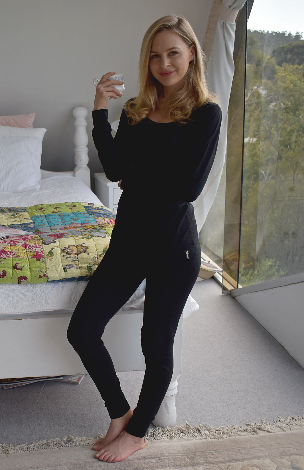 Black Women&#39;s Merino Wool Top and Leggings - Winter Pyjama Set
