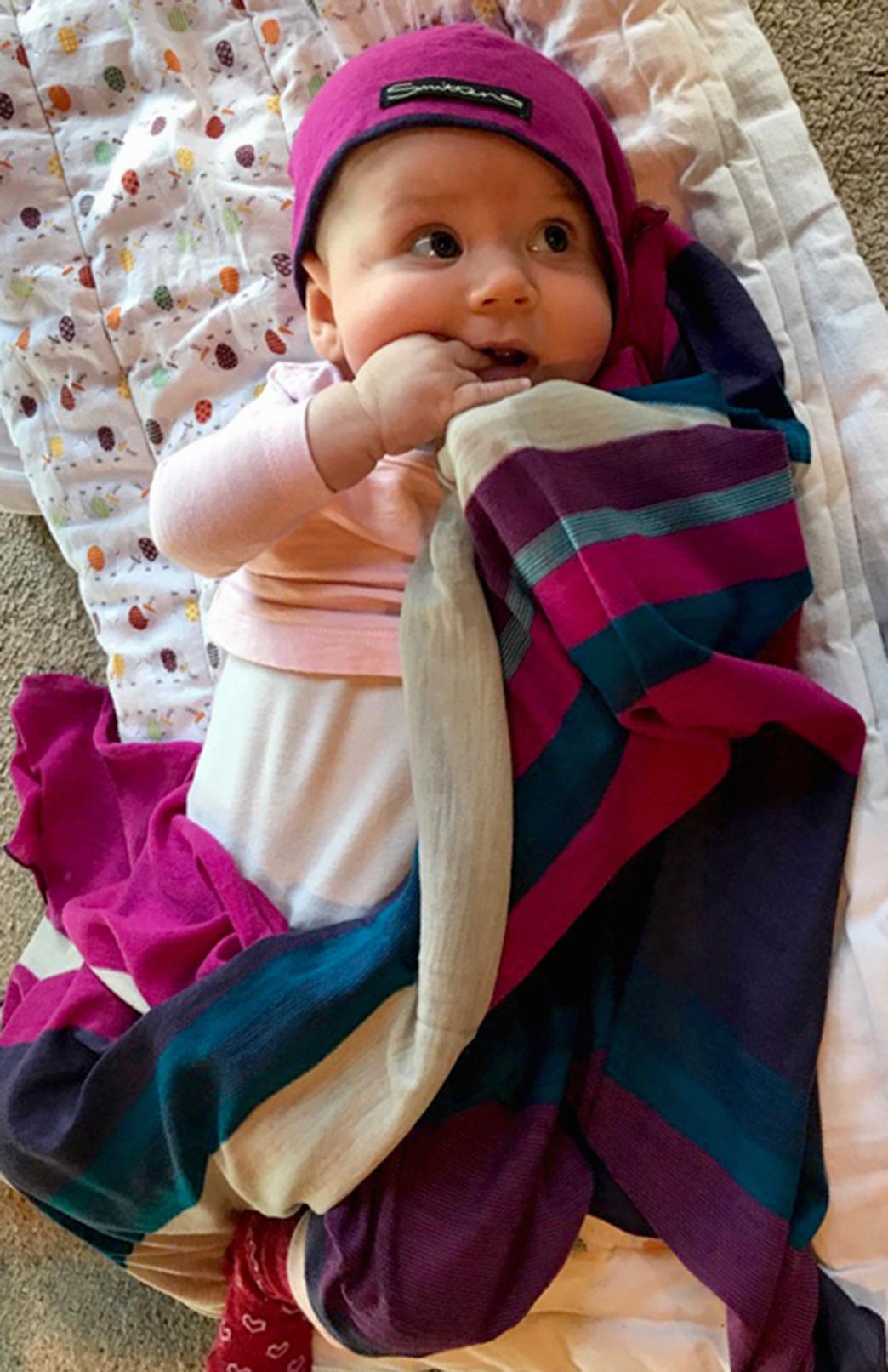 Grape Multi Stripe Pure Merino Wool Baby Wrap and Beanie Set