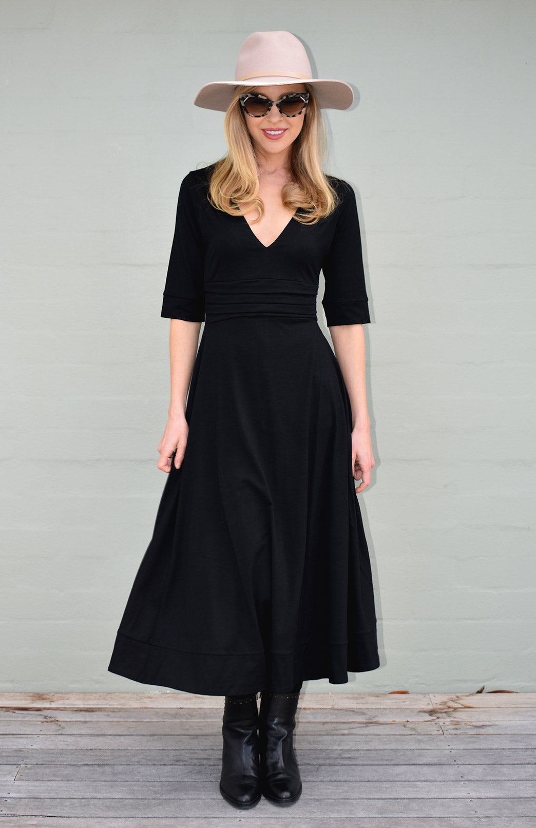 Black Women's Merino Wool V-Neck Classic Dress