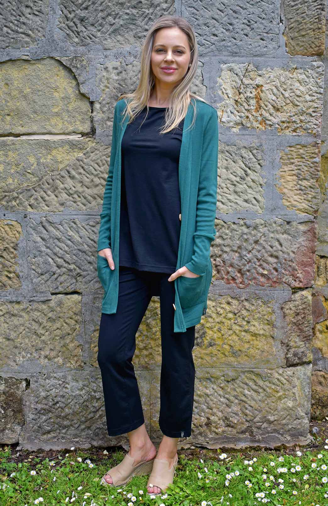 Emerald Green Women's Merino Wool Long Boyfriend Cardigan with Buttons