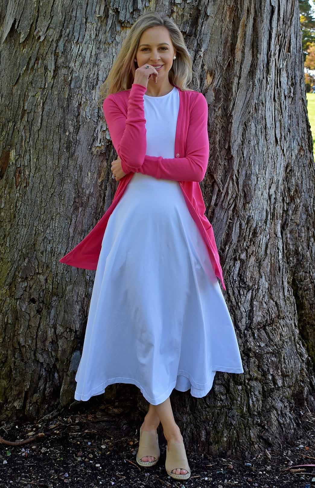 Lipstick Pink Women's Merino Wool Long Boyfriend Cardigan with Buttons