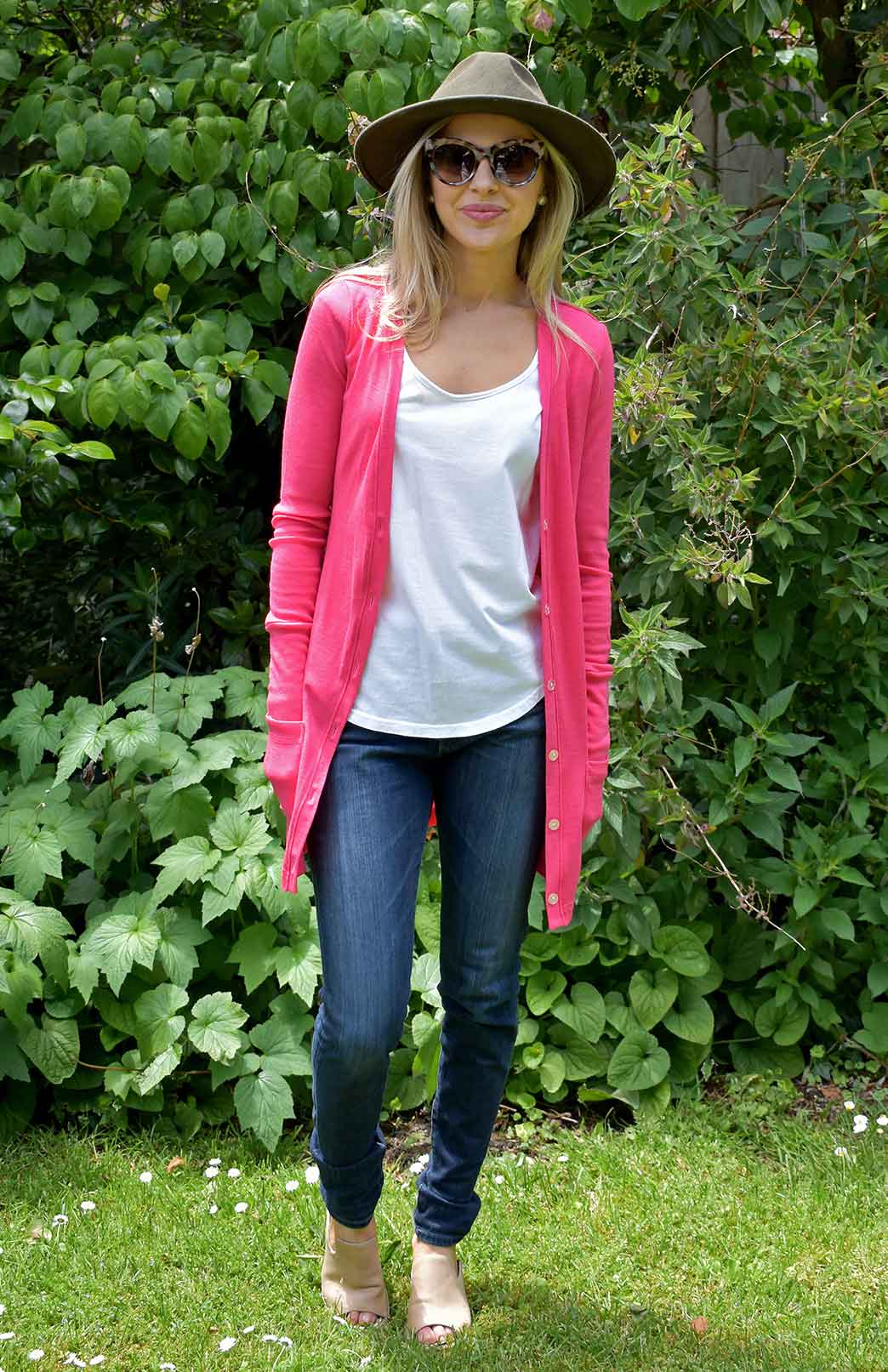 Lipstick Pink Women's Merino Wool Long Boyfriend Cardigan with Buttons