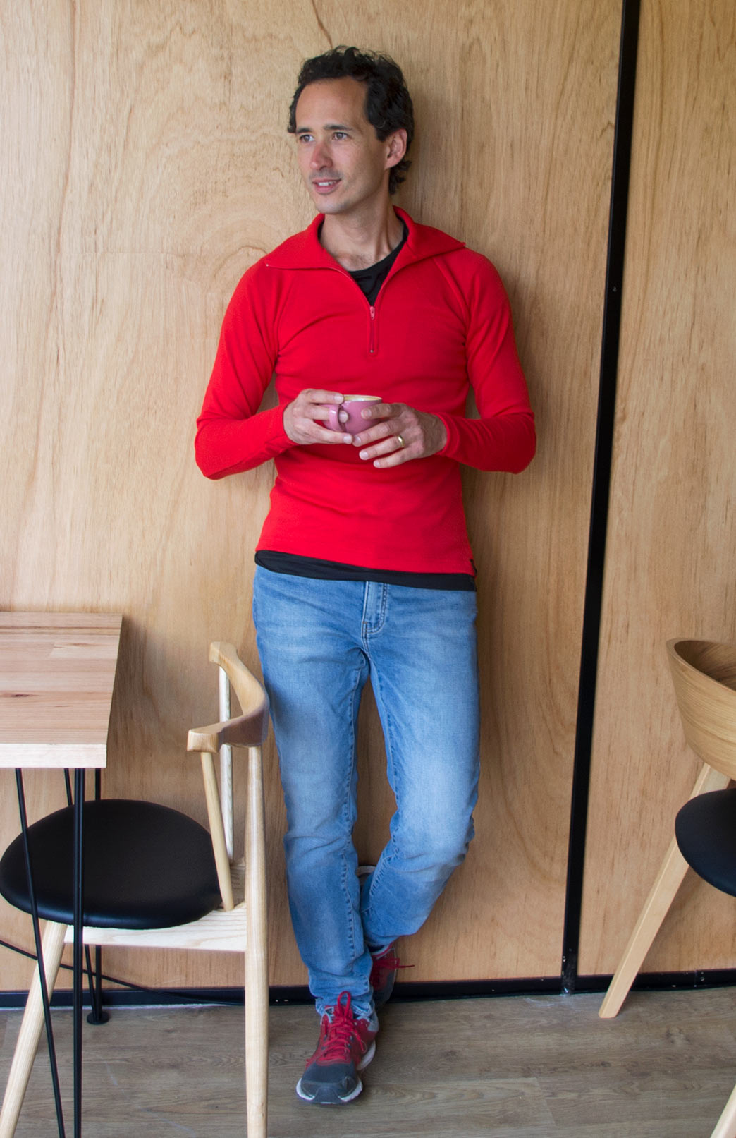 Californian Red Men's Merino Wool Zip Neck Top