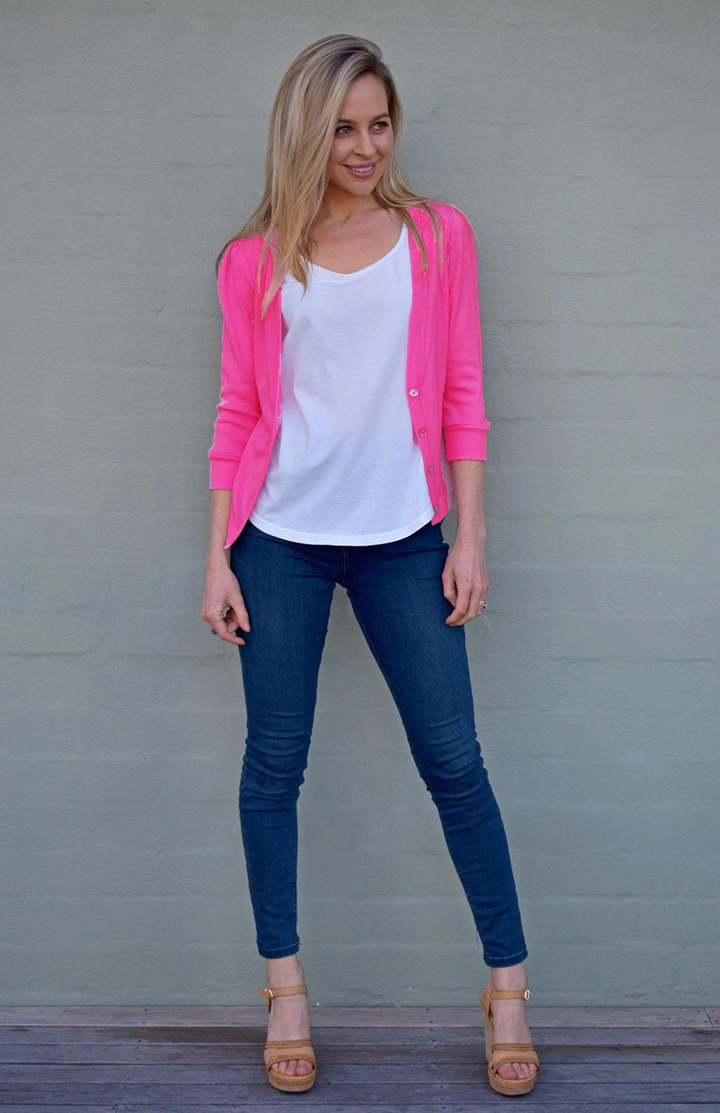 Lipstick Pink Women's Merino Wool Crop Cardigan with 3/4 Sleeves