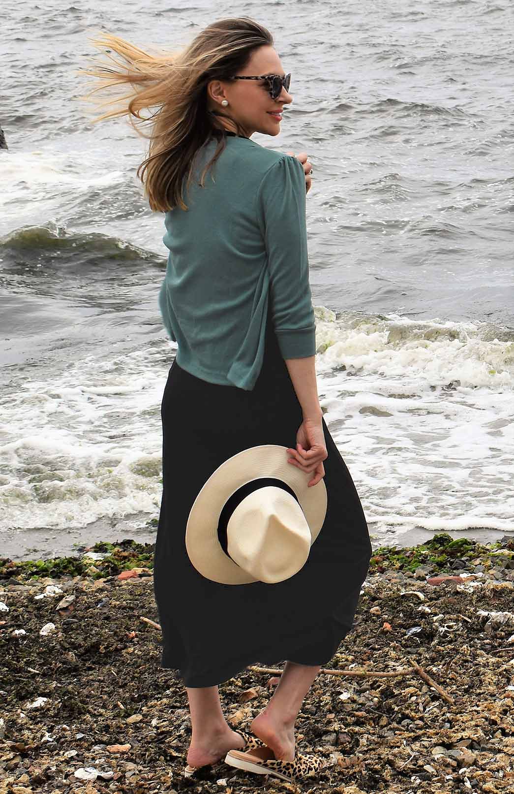 Sage Green Women's Merino Wool Crop Cardigan with 3/4 Sleeves