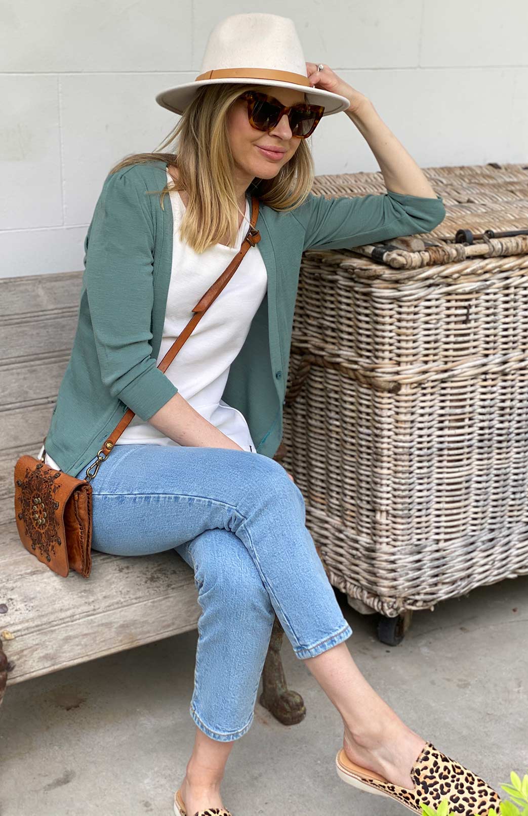 Sage Green Women's Merino Wool Crop Cardigan with 3/4 Sleeves