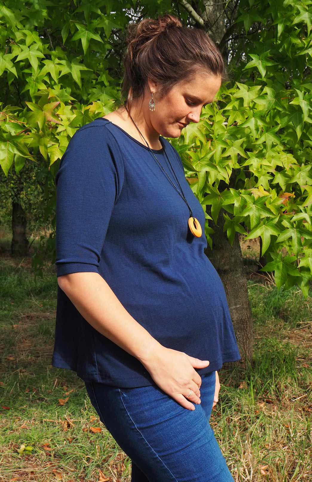 French Navy Blue Women's Merino Wool Flutter Top with 3/4 Sleeves
