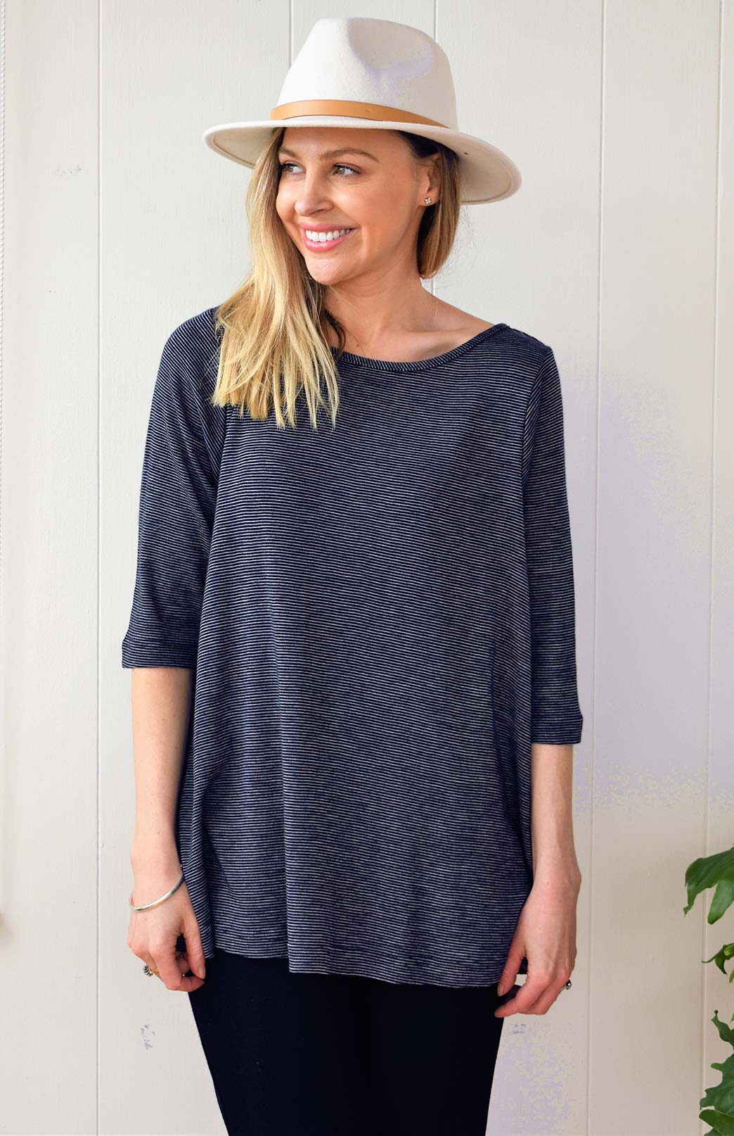 Navy Ivory Pinstripe Women's Merino Wool Flutter Top with 3/4 Sleeves