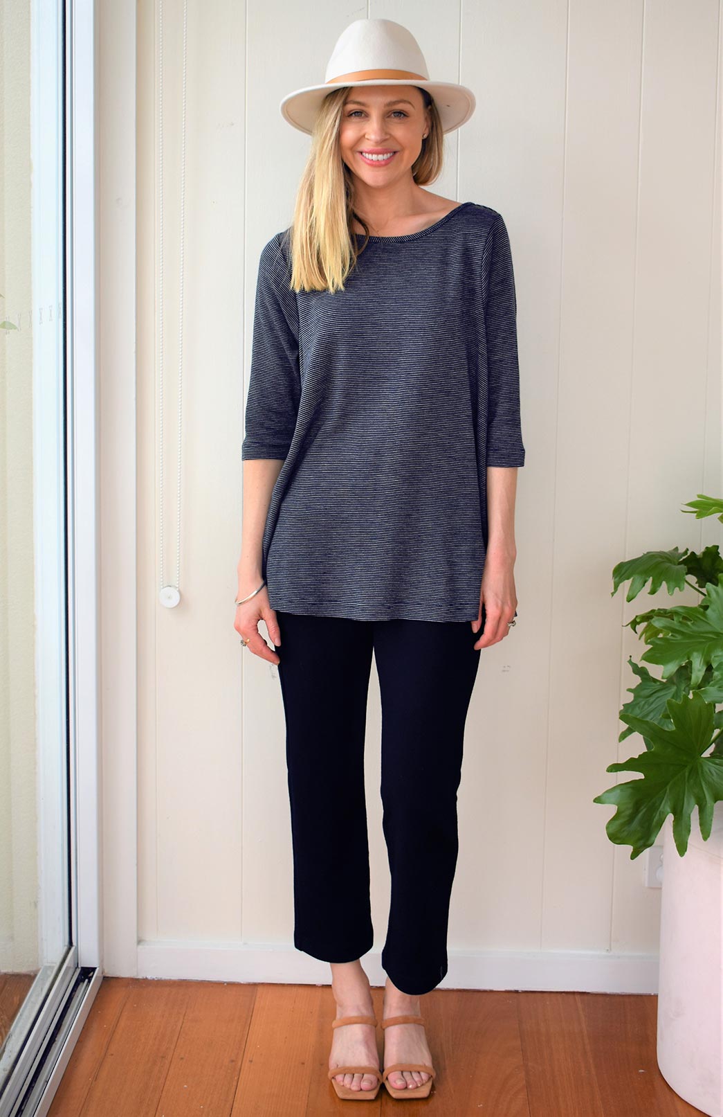 Navy Ivory Pinstripe Women's Merino Wool Flutter Top with 3/4 Sleeves