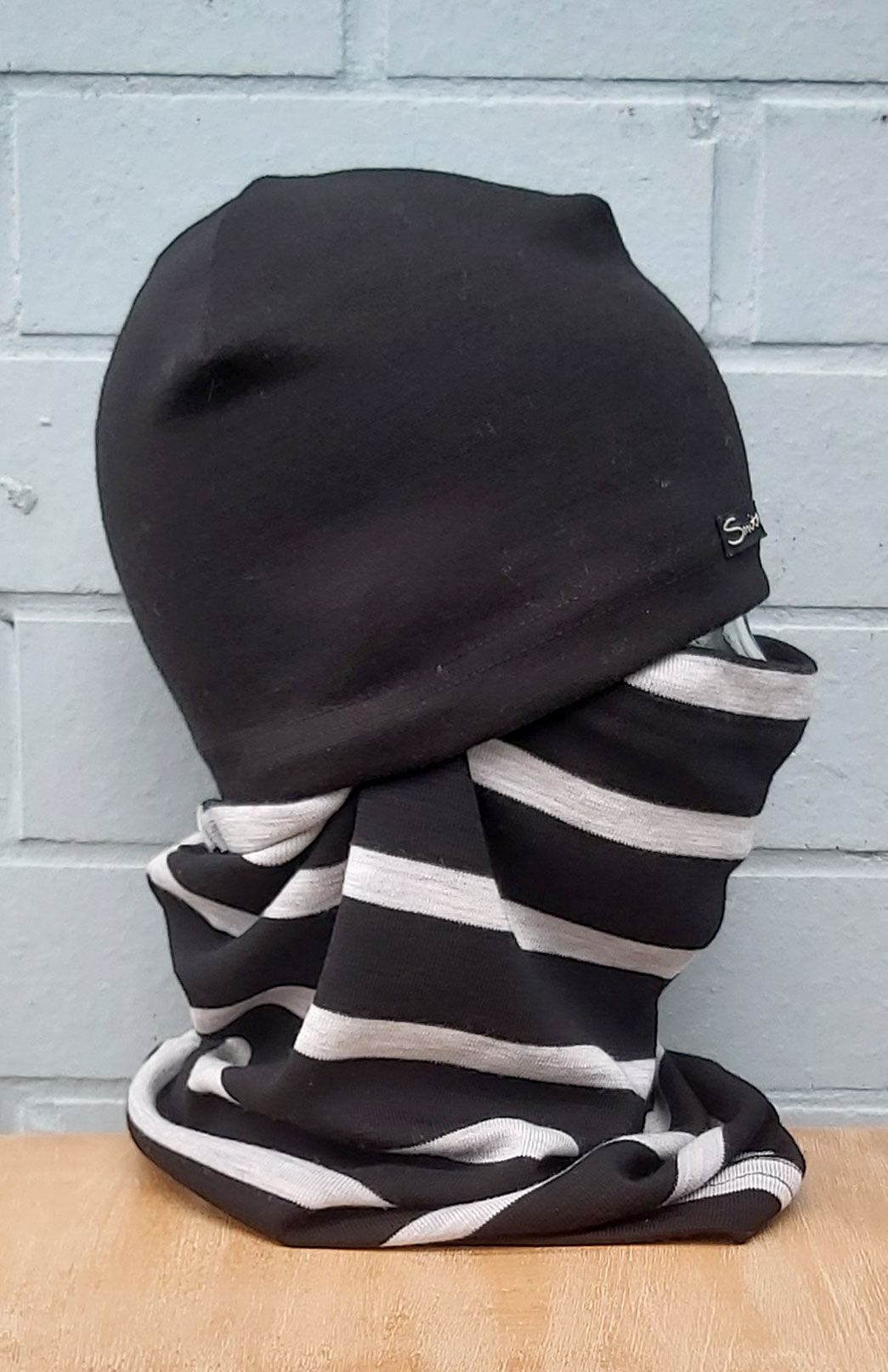 Black and Grey Single Stripe Unisex Merino Wool Thermal Neck Warmer Neck Gaiter