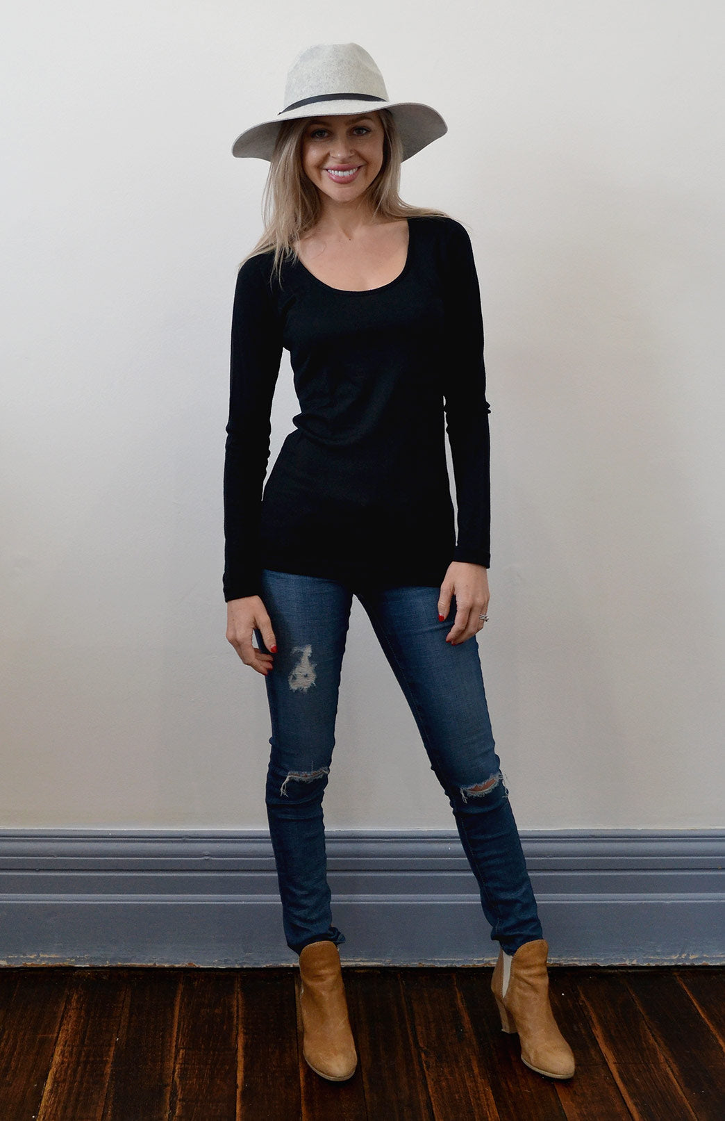 Navy Blue & Cream French Stripe Women&#39;s Merino Wool Long Sleeve Fashion &amp;amp; Layering Top
