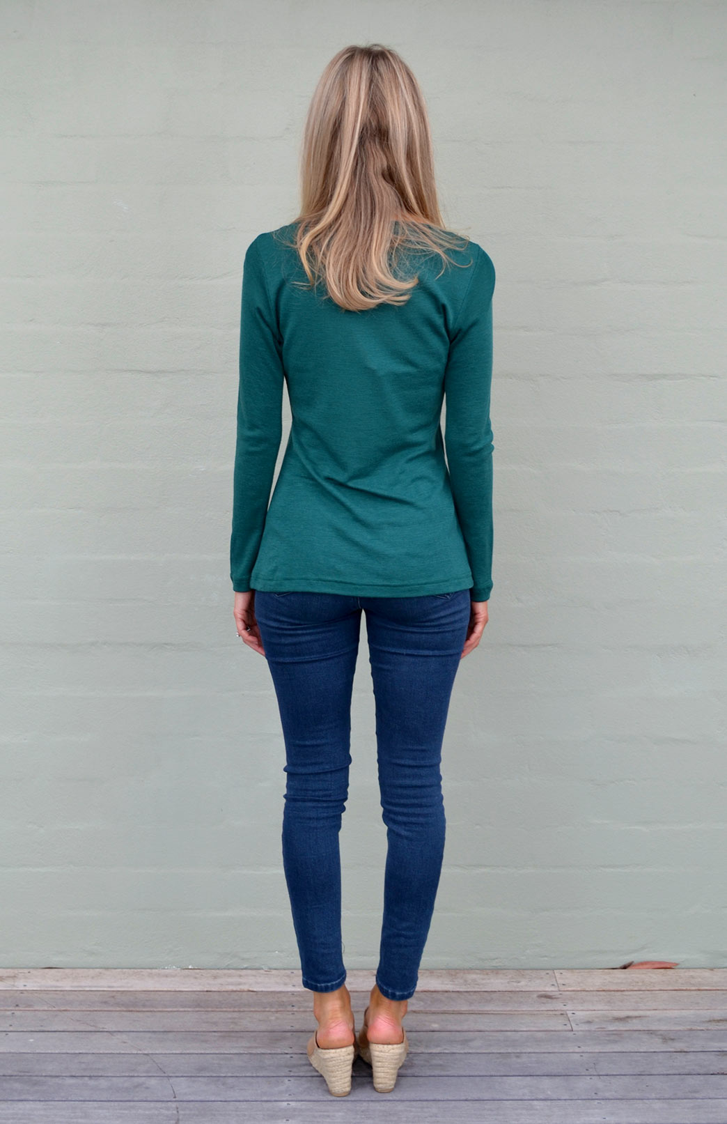 Emerald Green Women's Merino Wool Rib Top with V Neckline