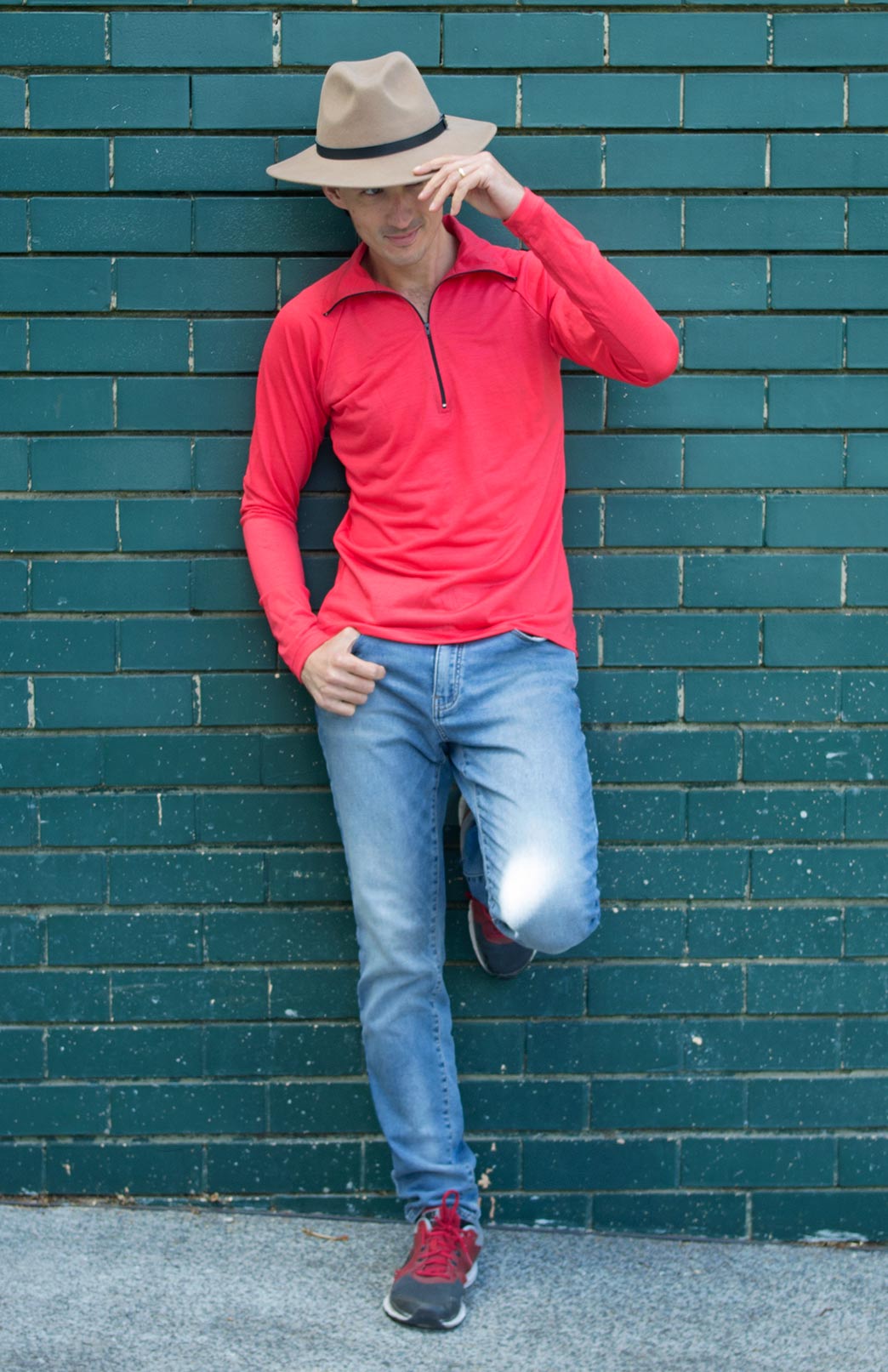 Hot Coral Men's Merino Wool Zip Neck Top
