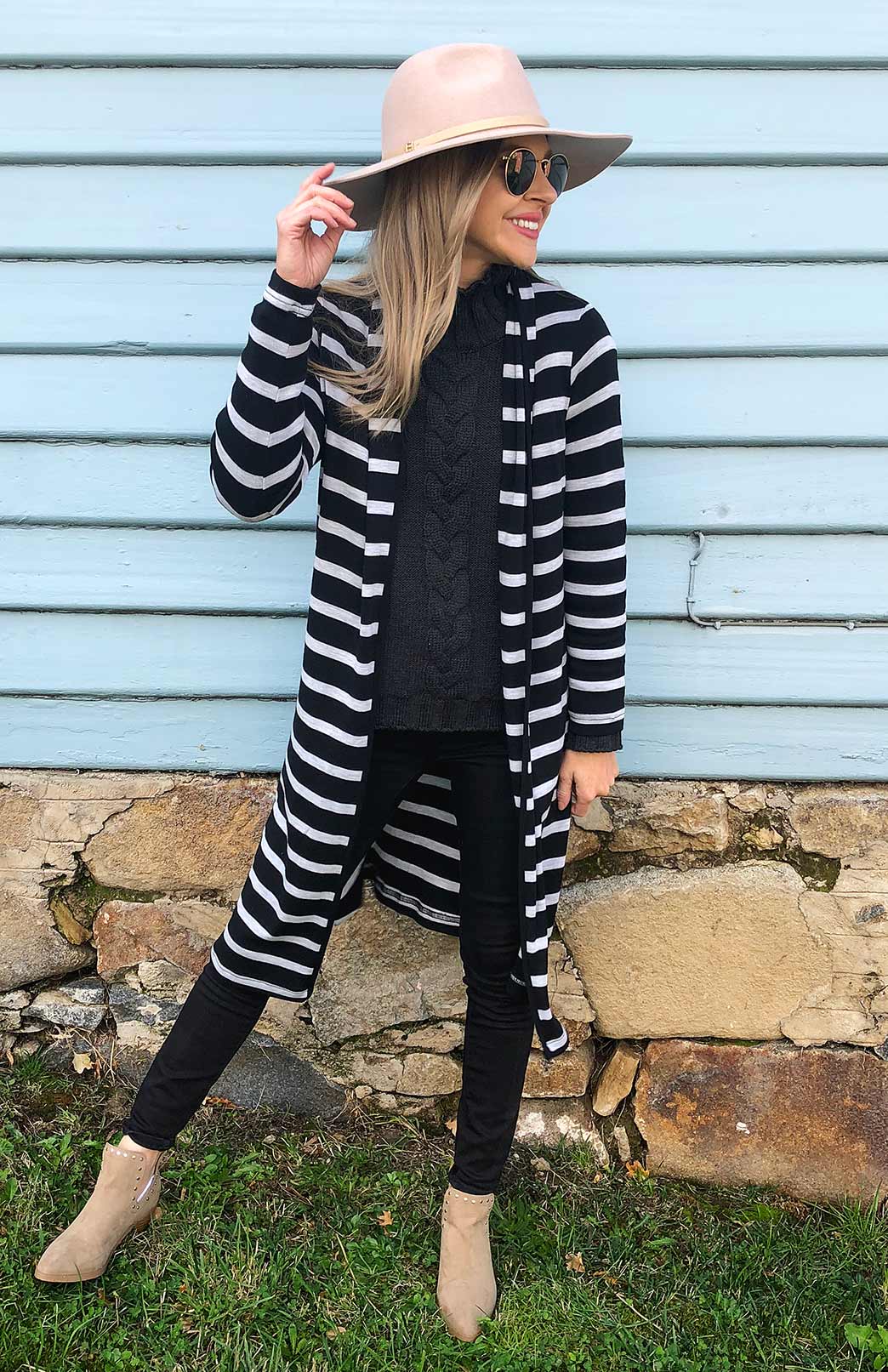 Black and Grey Single Stripe Women's Merino Wool Long Drape Cardigan