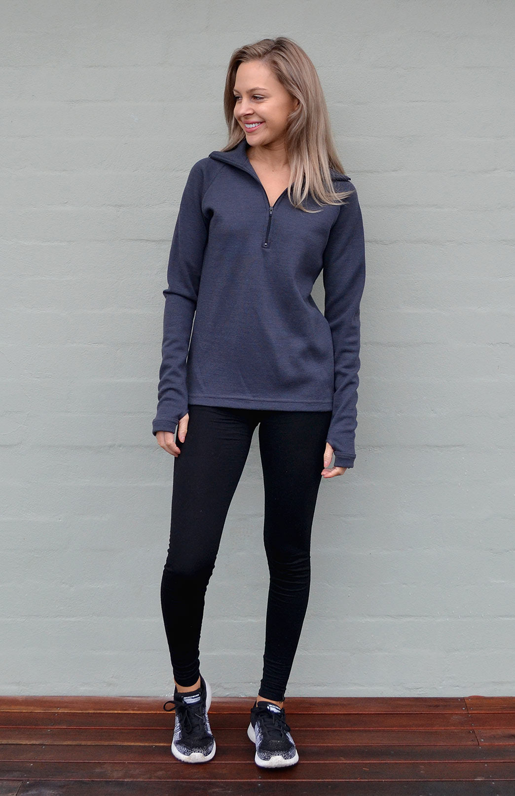 Steel Grey Women's Merino Wool Zip Neck Top
