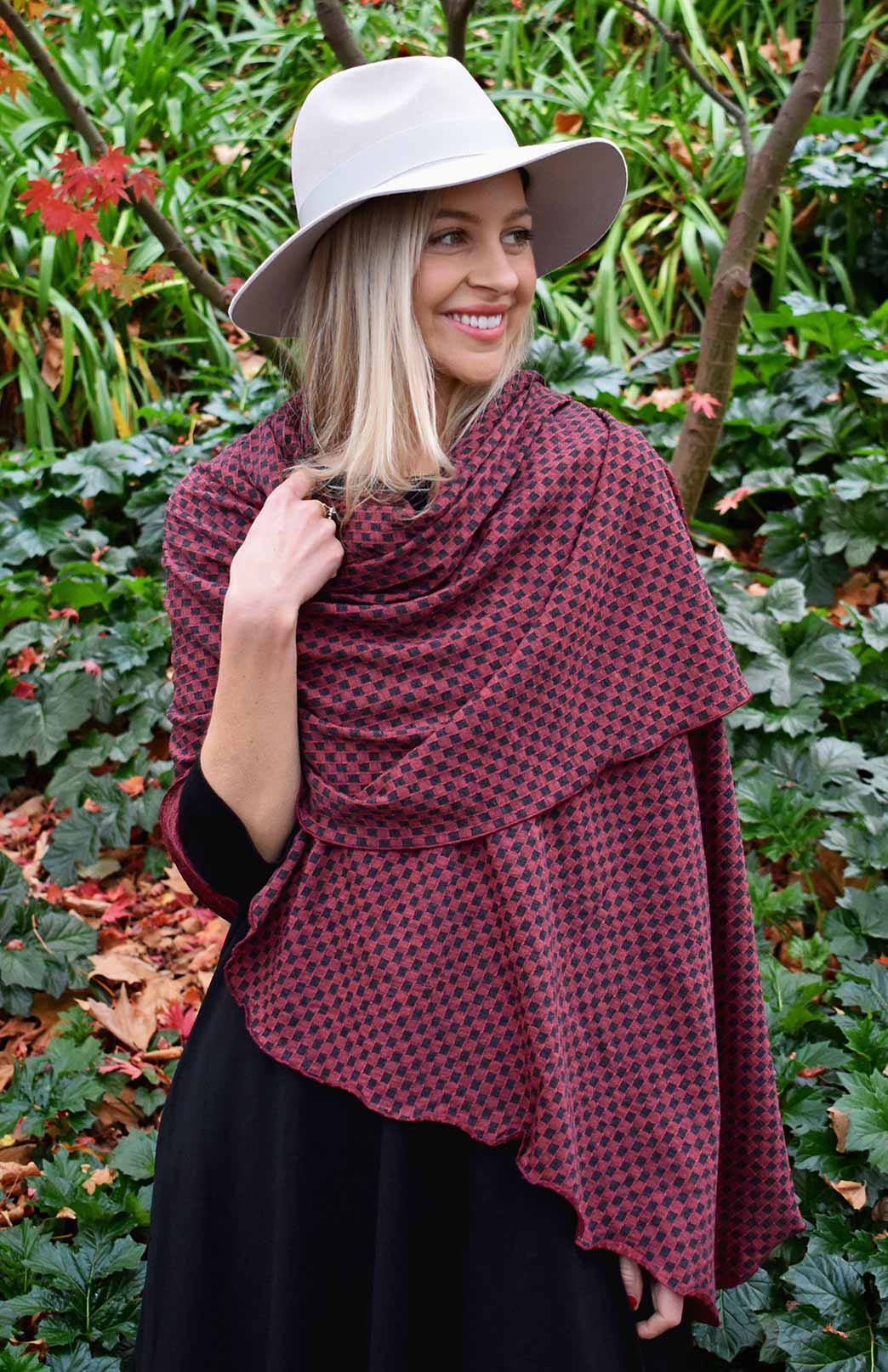 Coral Charcoal Mini Check Women's Merino Wool Patterned Scarf