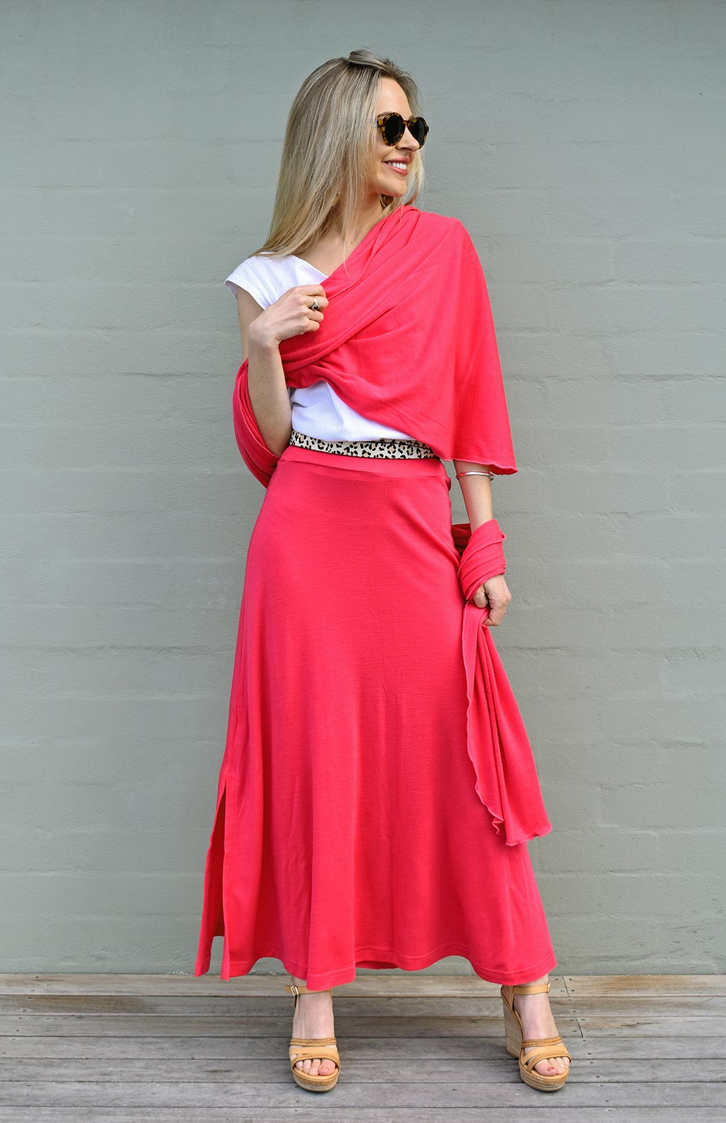 Lipstick Pink Women's Merino Wool Midweight A-Line Midi Skirt