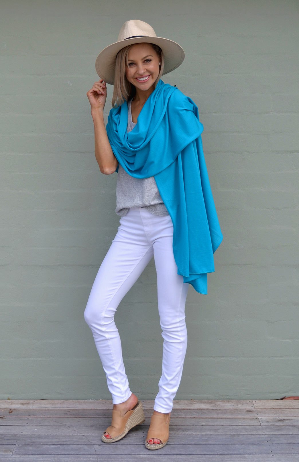 Aqua Blue Women's Merino Wool Plain Scarf