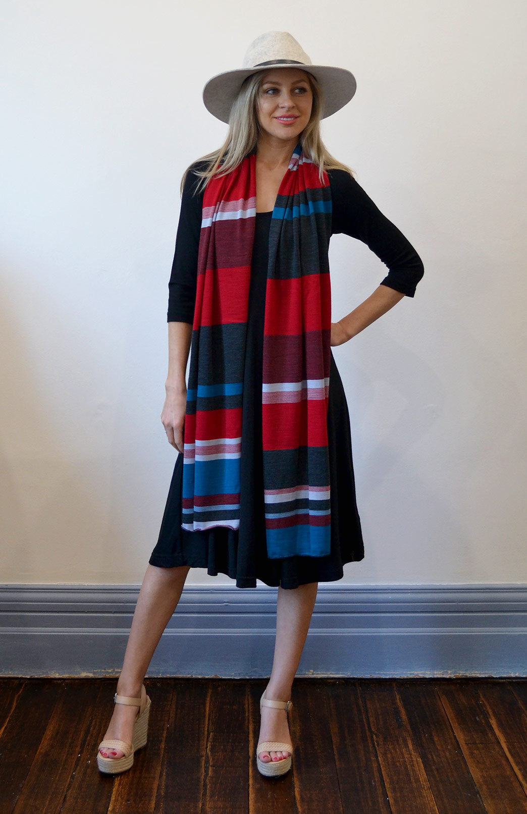Teal Chilli Red Multi Stripe Women's Merino Wool Multi Striped Scarf