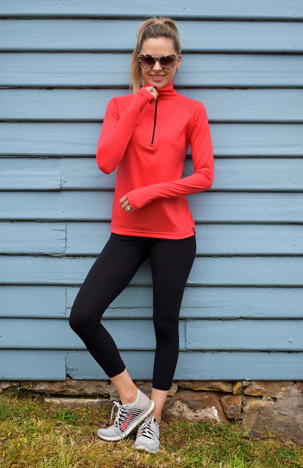 Hot Coral Women's Merino Wool Zip Neck Top