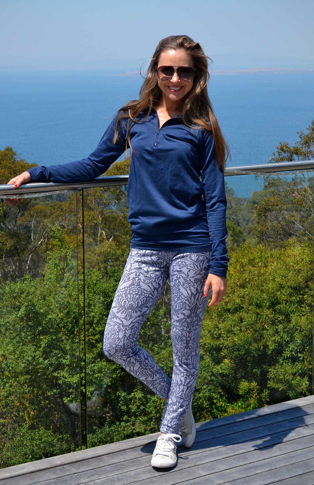 Indigo Blue Women's Merino Wool Zip Neck Top