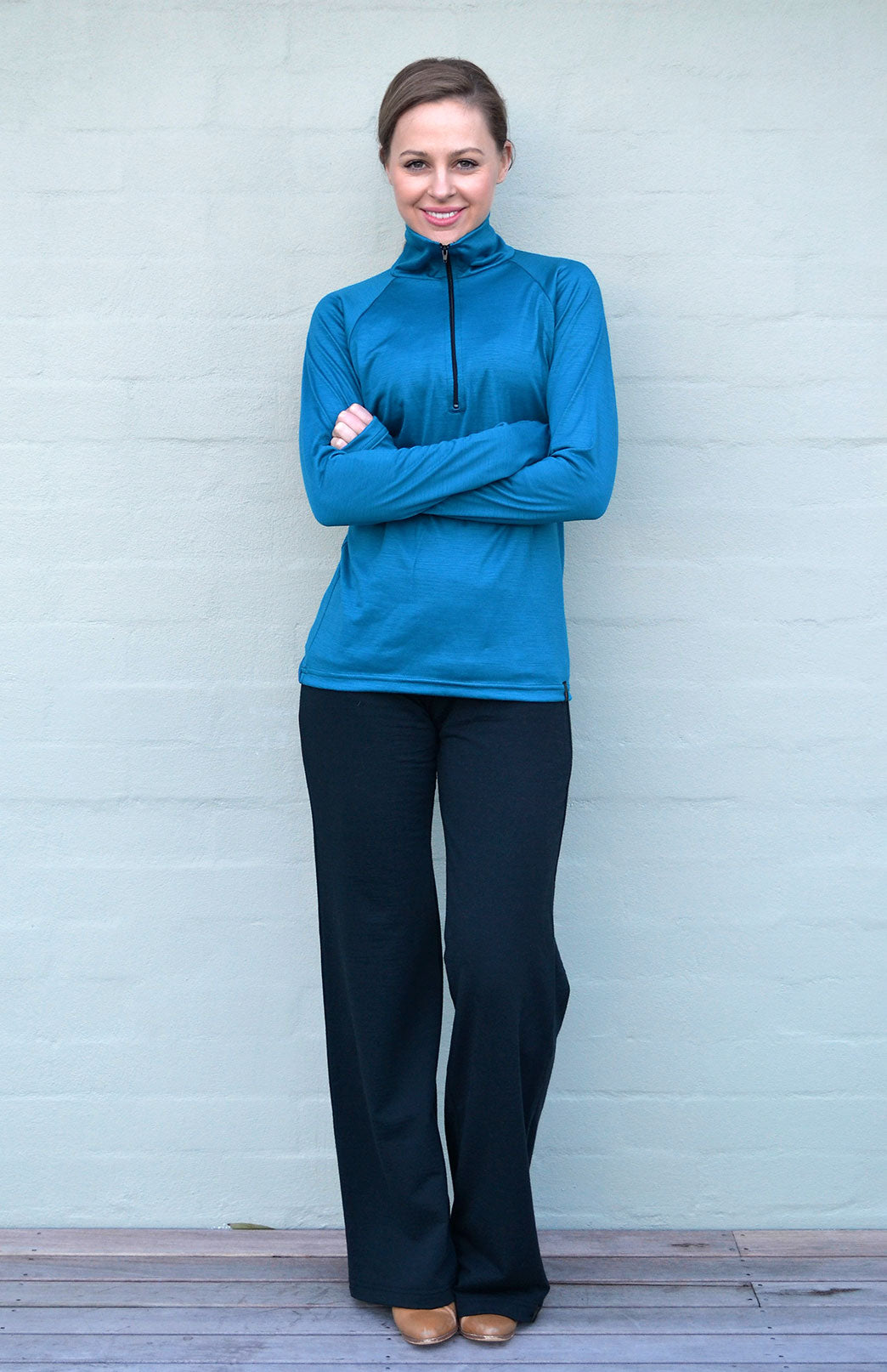 Dragonfly Teal Women's Merino Wool Zip Neck Top